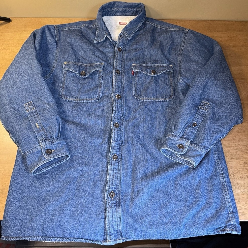 Levis Mens Sherpa Lined Denim Shirt Jacket Medium Wash Blue Workwear Large